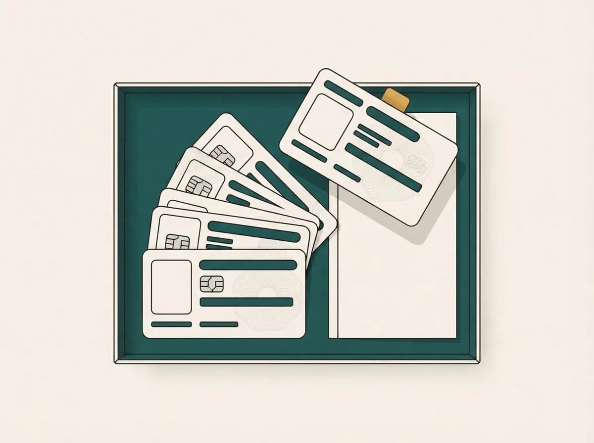 A box with a fanned stack of document cards