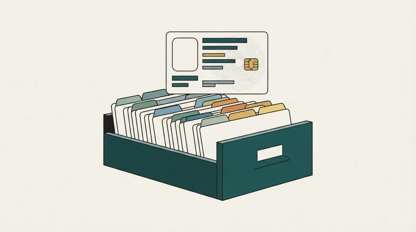 A card-file drawer with one document card pulled up